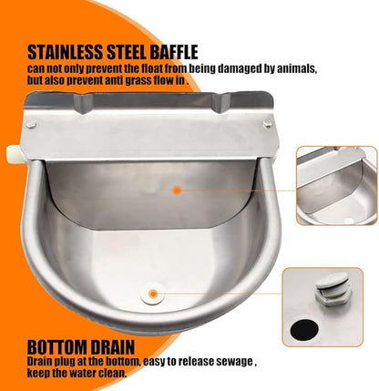 Automatic Animal Drinking Water Bowl with Float Valve,304 Stainless Steel Livestock Dispenser Waterer with Drainage Hole,Includes Water Bowl,3/4''Water Hose,2 Float Valves and Mounting Bolts