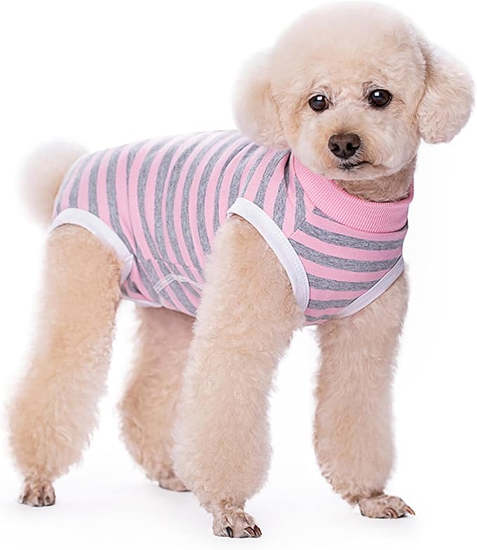Dog Surgery Recovery Suit,Female Male Puppy Shirt,Dog Spay Neuter Onesie,E-Collar Cone Alternative,Abdominal Wound Protector,Prevent Licking Wound(Pink Gray Stripe-m)