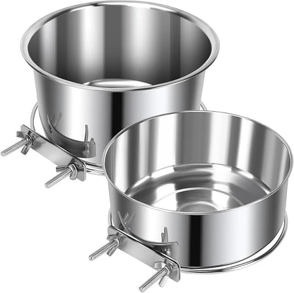 2 Pcs Large Pet Dog Food Water Bowl for Cage Stainless Steel Non-Spill Kennel Hanging Cats Bowls with Clamp Holder Crate Feeder Dish for Medium Large Dogs Huge Pets (7.1x3.7'' & 7.1x2.5'')