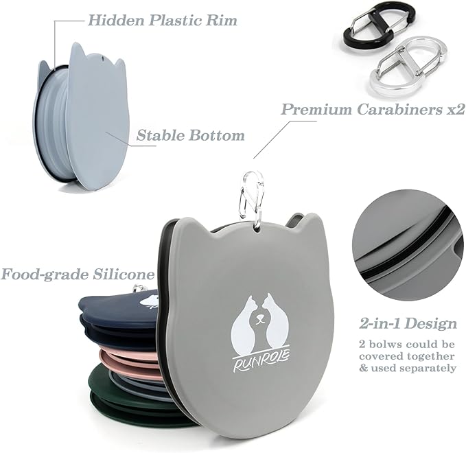 RUNROLE 2-in-1 Collapsible Silicone Dog Travel Bowls, Slot Together and Use Separately, Portable Pet Food Water Bowls, Foldable Cat Feeding Watering Dishes, 20OZ+27OZ(Cool Grey)