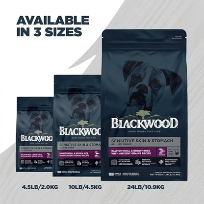 Blackwood Sensitive Skin & Stomach Dry Dog Food, Salmon Meal & Brown Rice with Ancient Grains, 4.5 Pound Bag with Prebiotics & Probiotics to Promote Gut Health