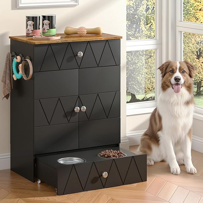 Pet Feeding Station with Storage, Raised Dog Bowls, Pet Feeder Cabinet, with Adjustable Shelves, Rolling Drawer, Hooks, for Feeding & Watering Supplies (Black)
