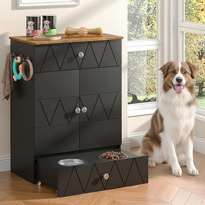 Pet Feeding Station with Storage, Raised Dog Bowls, Pet Feeder Cabinet, with Adjustable Shelves, Rolling Drawer, Hooks, for Feeding & Watering Supplies (Black)