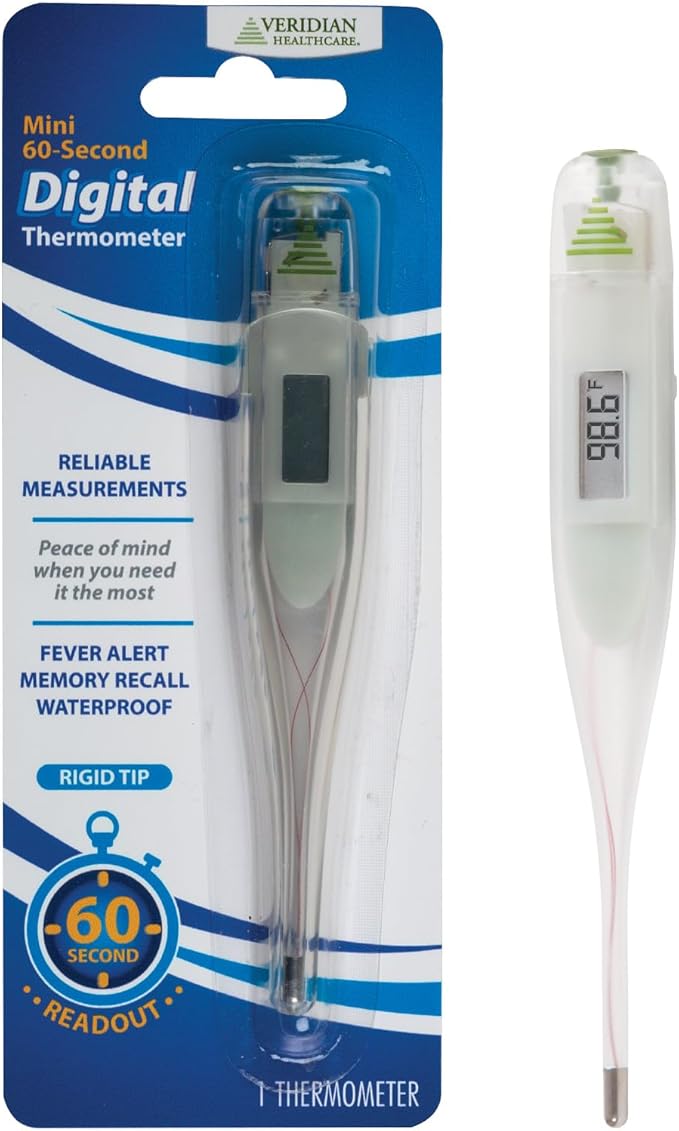 Veridian Healthcare Digital Thermometer | 60-Second Readout | Fahrenheit Measurements | Rigid Tip | Fever Alert | One-Year Warranty