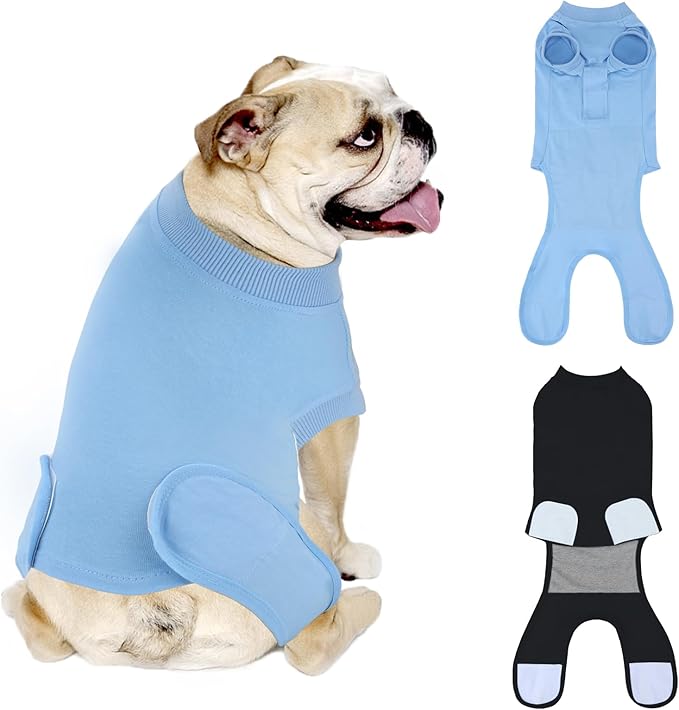 2 Packs Breathable Cotton Dog Recovery Suit for After Neuter Spay Abdominal Wounds Protector, Professional Anti-Licking Onesies for Male Female Pets Surgery Bandages, L Black Blue Pure
