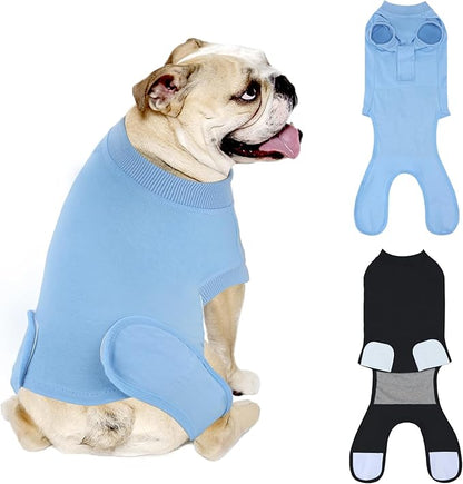 2 Packs Breathable Cotton Dog Recovery Suit for After Neuter Spay Abdominal Wounds Protector, Professional Anti-Licking Onesies for Male Female Pets Surgery Bandages, L Black Blue Pure