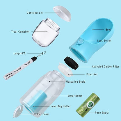 Cibaabo Dog Water Bottle with Food Container & Poop Bag Holder, Travel Water Bowl, Portable Pet Dispenser, Dog Gifts Stuff Accessories Items, Puppy Essentials for Yorkie Chihuahua Walking Hiking