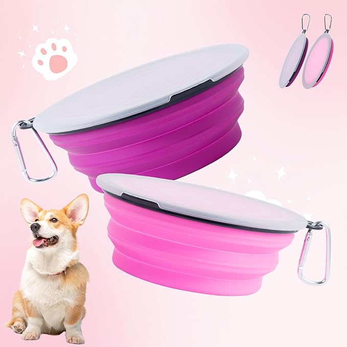 SLSON Dog Bowls Pet Collapsible Bowl with Cover Lids,2 Pack Dog Travel Bowls Portable Foldable Cat Water Dish Bowl for Pets Walking Parking Camping (Pink and Purple, Large)