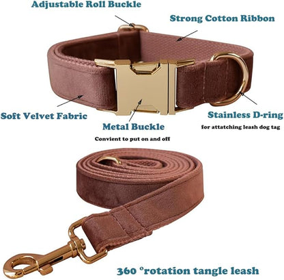 Love Dream Velvet Dog Collar and Leash Set, Soft & Comfy Adjustable Dog Leash and Collar with Heavy Duty Metal Buckle for Small Medium Large Dogs Training & Walking (Medium, Dark Pink)