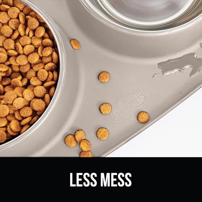 GORILLA GRIP Feeding Mat Bowl Set, 3 Cup 100% Waterproof BPA Free Silicone Base, 304 Stainless Steel Cat and Dog Bowls for Food and Water, Slip Resistant, High Edge, US Designed, Patent Pending, Beige