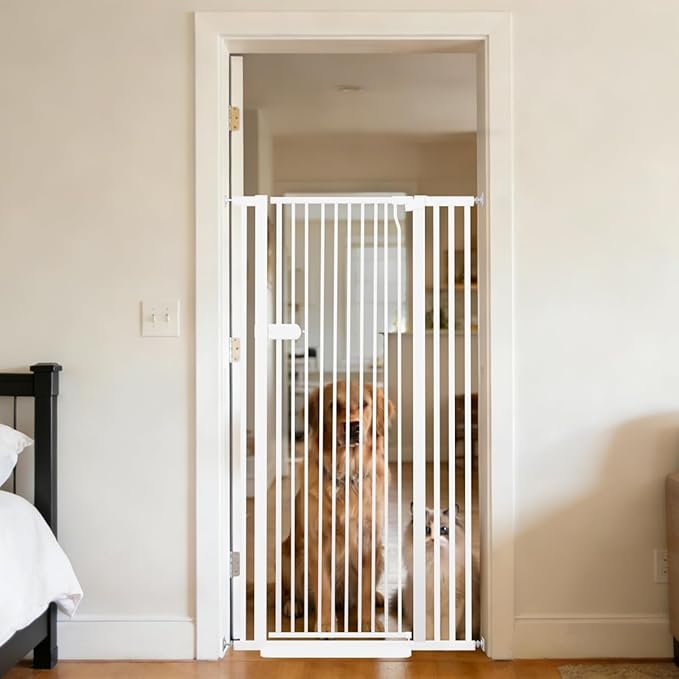 Lumizone Extra Tall Cat Gate 55.12" High Pressure Mounted Extra Wide 2025 New (17 Sizes) 1.37" Gap No Drilling Auto-Close One-Handed Operation Tall Pet Gate for Dogs(White, 55.12" H x 34.25"-38.38" W)