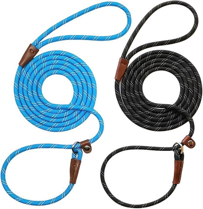 WYUZE 2-Pack 8ft Slip Lead Dog Leash, Reflective No Pull Dog Training Lead, 1/3" Nylon Rope Easy On/Off Slip Control Leash for Small Medium Dogs (Black+Blue)