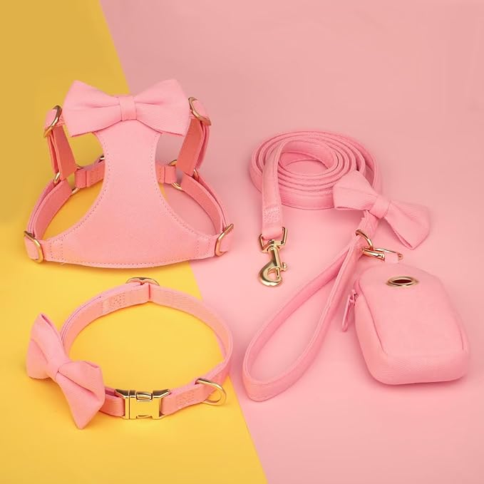 Beirui Adorable Small Dog Harness Collar Leash Set,Cute Puppy Harness with 3 Bows for XS Dogs,Yorkie,Adjustable Step-in Vest for Walking,Parties&Holiday Outfits(Pink,XS)