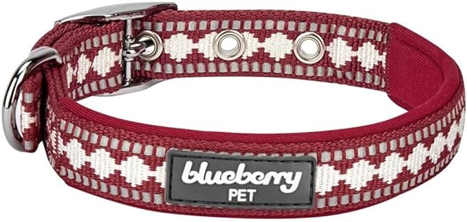 Blueberry Pet Reflective Jacquard Dog Collar with Neoprene Padding & Metal Buckle | Soft & Adjustable Safety Collar - Marsala Red, Neck 17-20.5", for Large Breed
