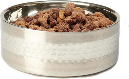 PetRageous 18435 Sanibel Stainless-Steel Hammered Double Walled Dog Bowl 5.9-Inch Width and 2.44-Inch Height 3-Cups Capacity, Metallic