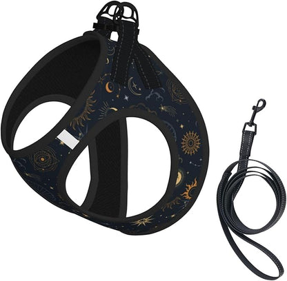 Dog Harness and Leash Set with Celestial Moon Star Pattern, Breathable Mesh Vest with Reflective Strips, Adjustable No Pull Pet Harness for Small Dogs and Cats Small