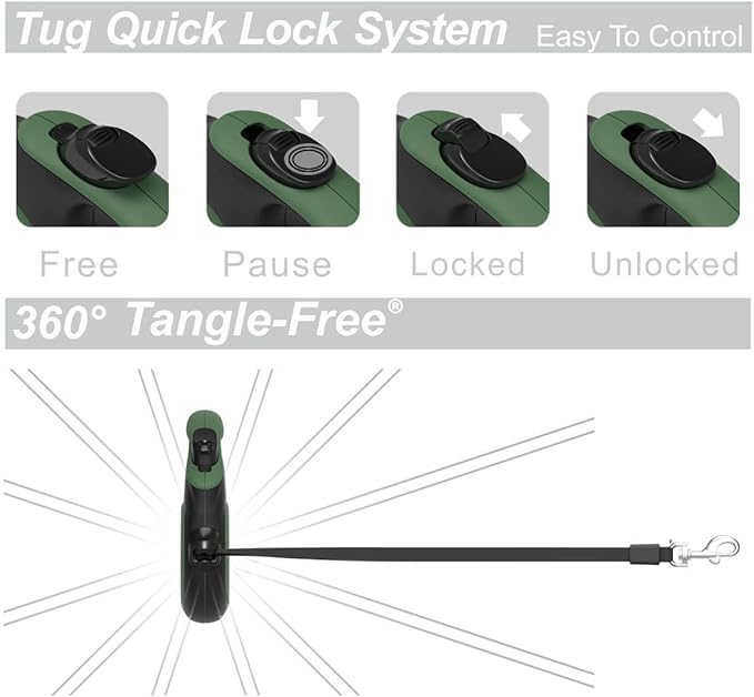 TUG 360° Tangle-Free Retractable Dog Leash with Anti-Slip Handle | 16 ft Strong Nylon Tape | One-Handed Brake, Pause, Lock (Small, Green)