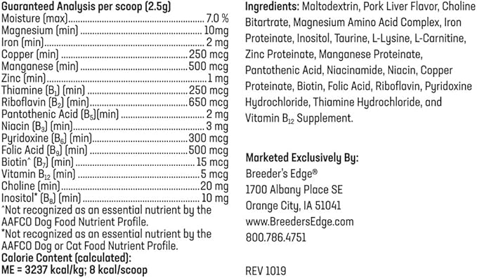Breeder’s Edge B Strong Powder, B-Complex Vitamin Supplement for Dogs and Cats, Supports Reproductive Health, Promotes Normal Heat Cycles, and Helps Maintain Energy, 300g