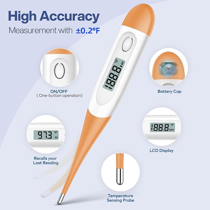 Boncare 10 Seconds Digital Thermometer for Adults and Kids - Accurate & Safe Rectal Thermometer for Baby with Fever Alarm, Oral Thermometer (Orange)