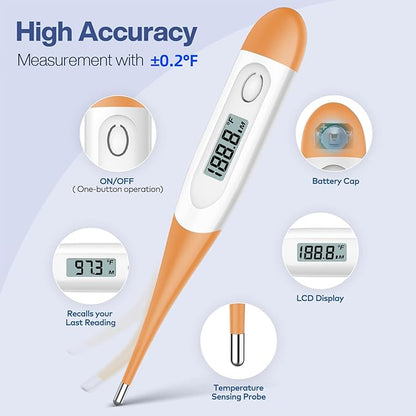 Boncare 10 Seconds Digital Thermometer for Adults and Kids - Accurate & Safe Rectal Thermometer for Baby with Fever Alarm, Oral Thermometer (Orange)