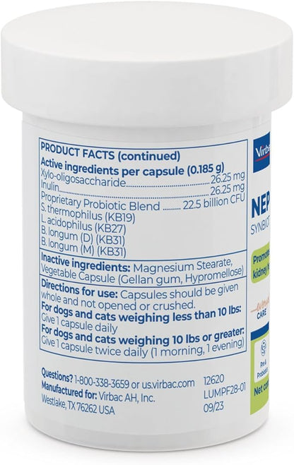 Virbac NEPHRODYL® Synbiotic Capsules - Kidney Support Supplement for Cats & Dogs, Probiotics & Prebiotics for Digestive Health, Small & Easy-to-Swallow Capsules, Made in The USA