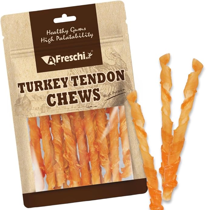 A Freschi srl Turkey Tendons for Dogs, USA-Sourced, Healthy Dog Treats, Rawhide-Free Puppy Chews, Long Lasting, All Natural, Hypoallergenic Dog Treats, Coil (L), 3 oz Pack