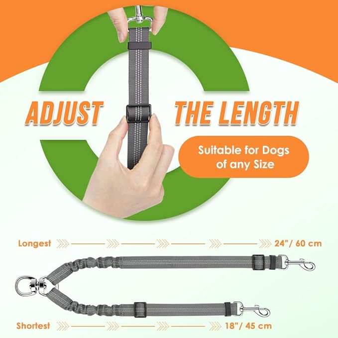 AUTOWT Double Dog Leash, No Tangle 360°Swivel Rotation Reflective Lead Attachment Adjustable Length Dual Two Dogs Lead Splitter, Comfortable Shock Absorbing Walking Training for 2 Dogs