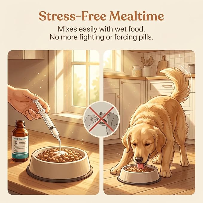 Dewormer for Dogs & Cats Liquid Fenbendazole 10% - Broad Spectrum Suspension - Removes Roundworm, Hookworm, Whipworms, Tapeworm - Easy to Mix with Food, Includes 3ml Dosing Syringe (100ml)