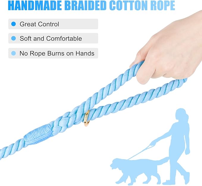 Dog Leash 6 FT Handmade Braided Cotton Rope Leashes for Small Medium and Large Dogs, New Golden Heavy Duty Metal Clasp, Light Blue
