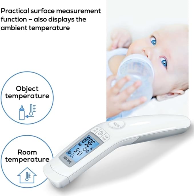 Beurer 3-in-1 Forehead Non-Contact, Body, Surface, Room Temperature, High Accuracy, Large Blue Backlit LCD Display Thermometer, 60 Memory Spaces, FT90 White, 32 Count (Pack of 1)