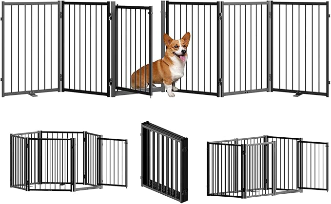 SNUOWU Full Metal Freestanding Dog Gate with Door, 24'' Height Foldable Pet Dog Fence for Indoor & Outdoor, 6 Panels Extra Wide Free Standing SmallDog Gates for Doorways,House,Stairs,Porch,Deck,Yard