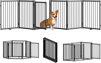 SNUOWU Full Metal Freestanding Dog Gate with Door, 24'' Height Foldable Pet Dog Fence for Indoor & Outdoor, 6 Panels Extra Wide Free Standing SmallDog Gates for Doorways,House,Stairs,Porch,Deck,Yard
