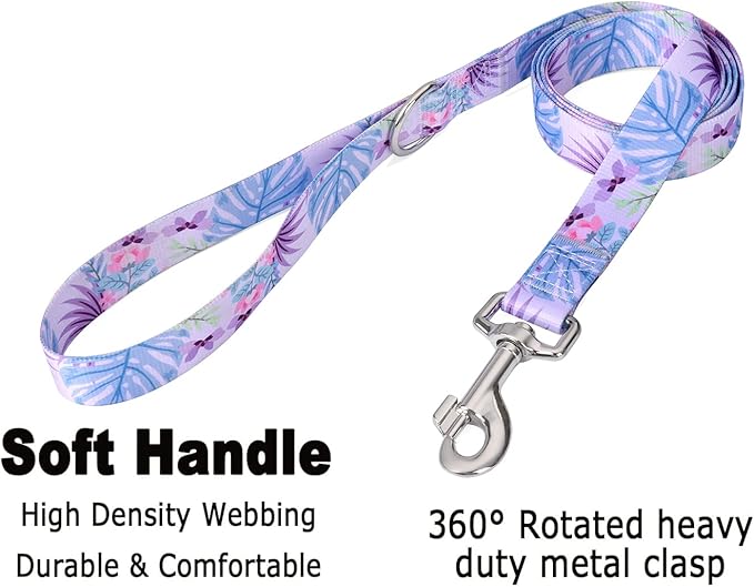 Mihqy Dog Collar and Leash Set with Bohemia Floral Tribal Geometric Patterns - Soft Ethnic Style Collar Adjustable for Small Medium Large Dogs(Purple Flower Flower Set,S)