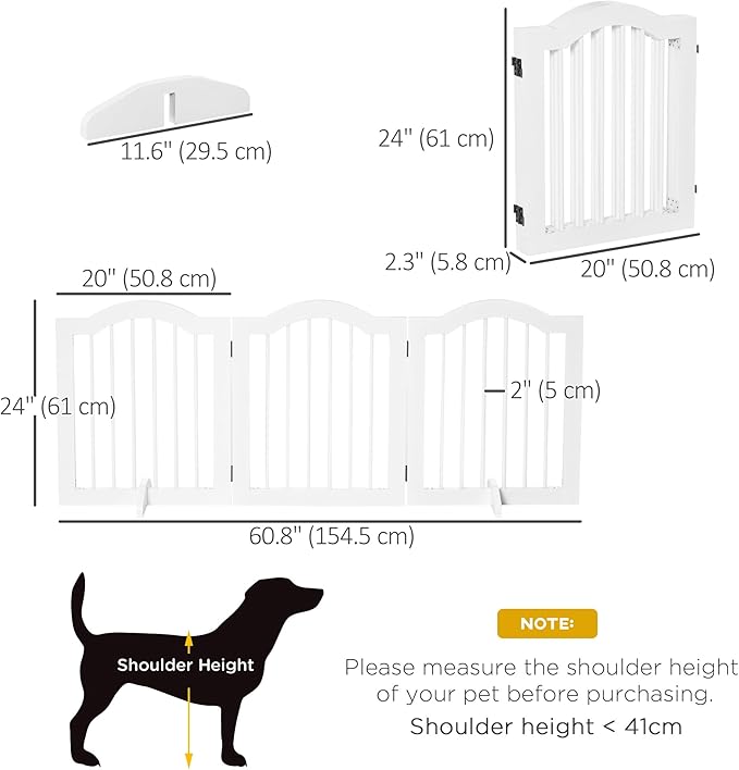 PawHut Freestanding Pet Gate for Dogs 24" Tall Foldable Dog Gates Indoor Wooden Barrier 3 Panels with 2 Support Feet, for Doorway Stairs, White