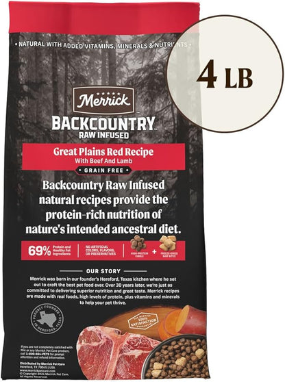 Merrick Backcountry Grain Free Dry Adult Dog Food Kibble With Freeze Dried Raw Pieces, Great Plains Red Recipe - 4.0 lb. Bag