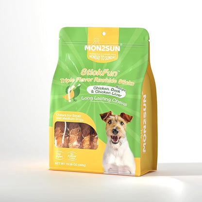 MON2SUN Dog Treats, Triple Flavor 5 Inch Chicken Liver Duck and Chicken Wrapped Rawhide Snacks for Small and Medium Dogs, 10.58 Oz (15 Count-Pack of 2)