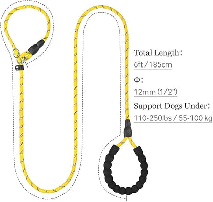 TagME 6ft Slip Dog Lead, No Pull Reflective Training Leash with Padded Handle, Professional Rope P-Leash for Small Medium Large Dogs, Heavy Duty Correction Lead for Walking & Training (Yellow)