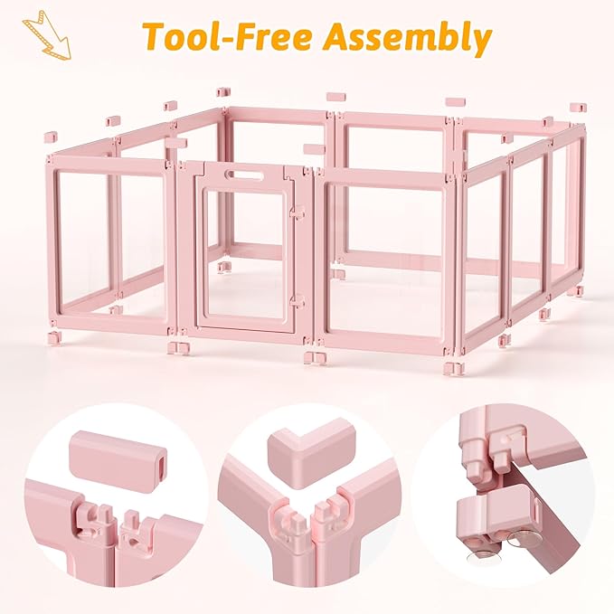 DIY Clear Acrylic Dog Playpen House,Quick Easy Assembly and Disassembly,Strong Floor Suction,Indoor and Outdoor Use,Easy Cleansing Puppy Fence (Skin Pink, 23.6" H, 12PCS)