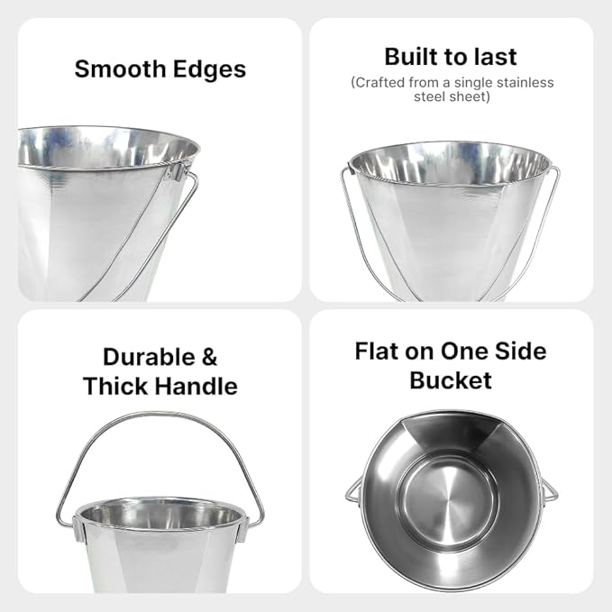 Heavy Duty Stainless Steel Bucket 13 Quart - 3 Gallon Flat Side Metal Bucket for Feeding & Watering Pets, Livestock & Cleaning - Perfect for Crates, Kennels, Cages & Hang on Fences