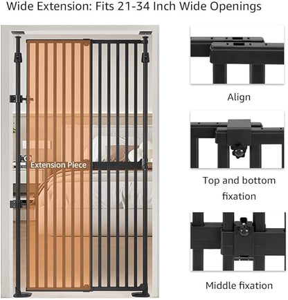 unipaws 75" High Extra Tall Cat Gate, Auto Closing and No Drilling Safety Gate for Doorway Hallway Stairs, Cat Dog Proof, Fit for 21"-34" Wide Opening, Indoor Use, Black