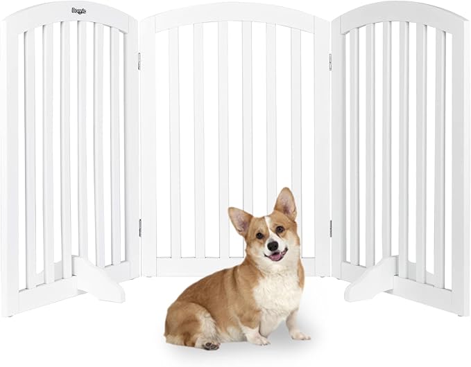 Bonnlo 30'' Tall White Freestanding Dog Gates for Doorways, Trifold Pet Gate Step Over Foldable Gate, Wooden 3 Panel Pet Gate Christmas Tree Fence with 3 PCS Foot Supporters, Up to 61'' Wide