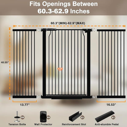 40.55" Extra Tall Dog Gate for Doorways Stairs, 60.3-62.9 in Wide Baby Walk Thru, Pressure Mounted Pet No Drill, Large Doggie With Door, Auto Close Indoor, Black
