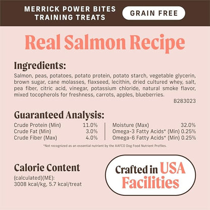 Merrick Power Bites Salmon Recipe Healthy Dog Treats, Real Salmon Grain-Free Dog Snacks, 6 oz Bag