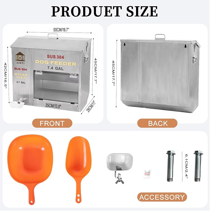 Xinyi Stainless Steel Dog Feeder and Waterer 2-in-1, Gravity Dog Feeder, Aluminum Alloy Water Cup, Automatic Feeder Waterpoof and Sturdy, Transparent Acrylic Observation Window, 7.4 Gallon