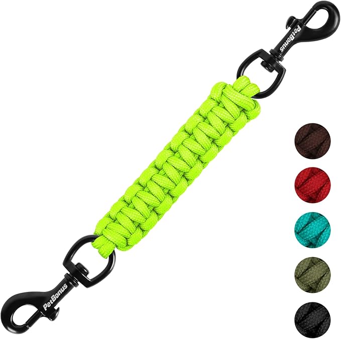 PetBonus Dog Collar Safety Clip, Handmade Backup Safety Strap for Dog Harness, Prong, Pinch Collar, Double Ended Clasp Leash Connector (Neon Green)