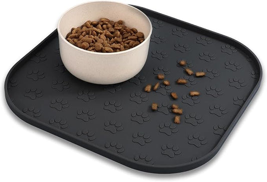 Pet Feeding Mat, Waterproof Anti-Slip Placemats for Dog Cat Bowl Silicone Pet Food Mat, Raised Edge Prevent Spills on Floor & Carpet, Dishwasher Safe (Black, 11" x 11")