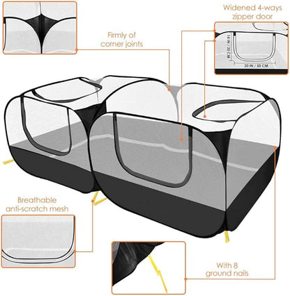Lukovee Small Animals Playpen, Chicken Pen with Escape-Proof Detachable Bottom & 4 Zipper Doors, Breathable Foldable Portable Large Chicken Run Coop for Puppy Duck Kitten Rabbits Outdoor Yard (Black)