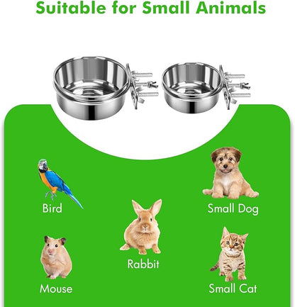 2 Pcs Small Dog Food Water Bowl for Cage with Upgraded Clamp Holder, Pet Kennel Hanging Bowls Stainless Steel Detectable Bowls Crate Feeder Dish for Small Dogs (4.7x2'' & 3.9x2'')