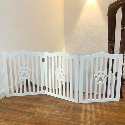 Pet Gate, Wooden Free Standing Dog Gate for Small Dogs and Cats. Great Folding Fence for Doorways, Halls, Stairs. White