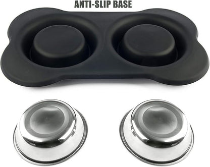 Dog Bowls with Anti-Overflow and Anti-Skid Silicone Dog Food Mat, Stainless Steel Feeder Easy to Clean for Small Medium Large Dogs Cats Pets